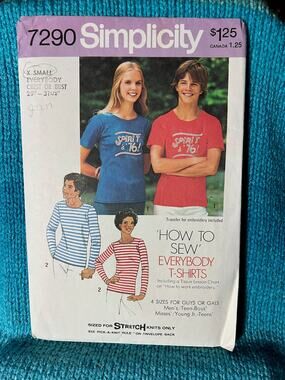 Simplicity 7290 long and short t-shirt pattern Size extra Small chest 29-31in